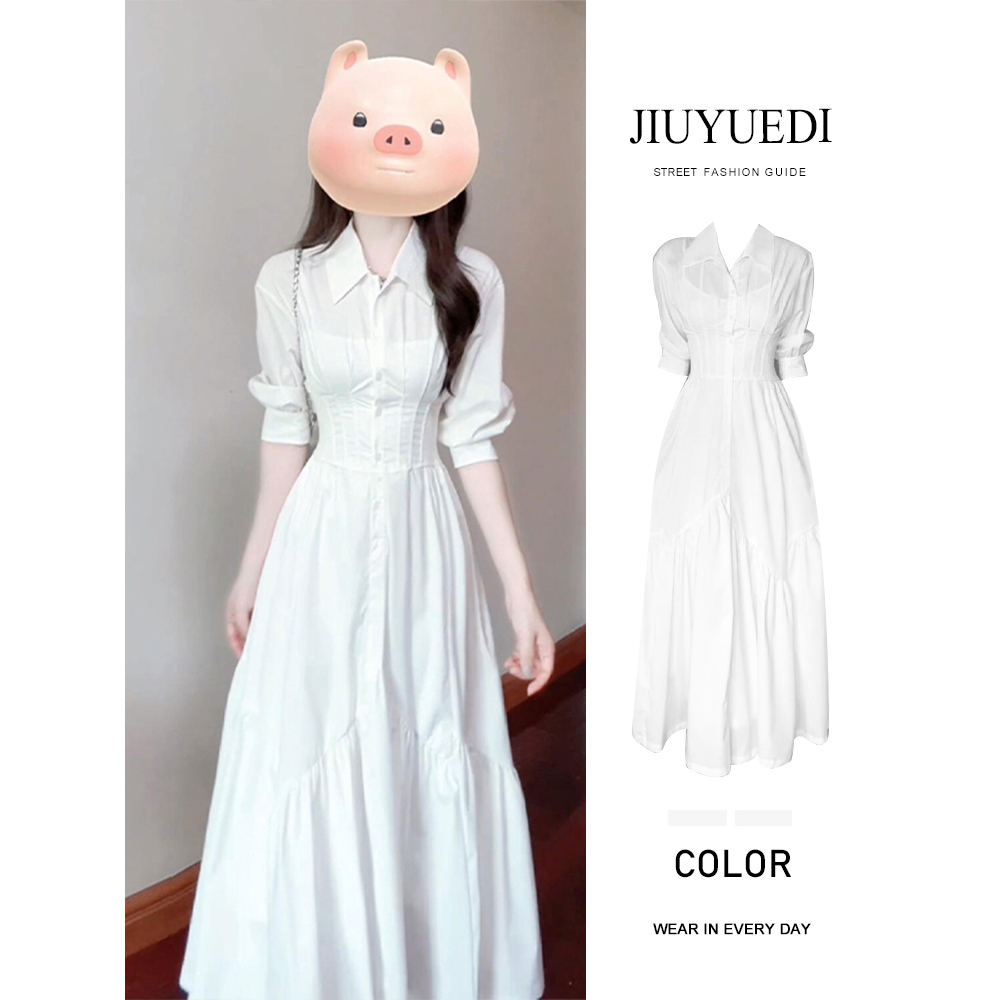 JIUYUEDI九月底法式初恋白色polo领连衣裙气质减龄收腰显瘦长裙