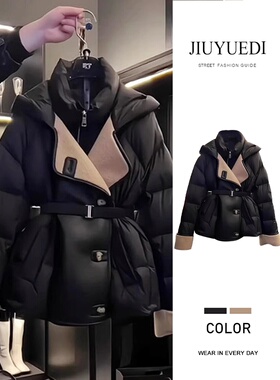 JIUYUEDI九月底韩版黑色撞色连帽棉服女2025冬季新款收腰显瘦外套