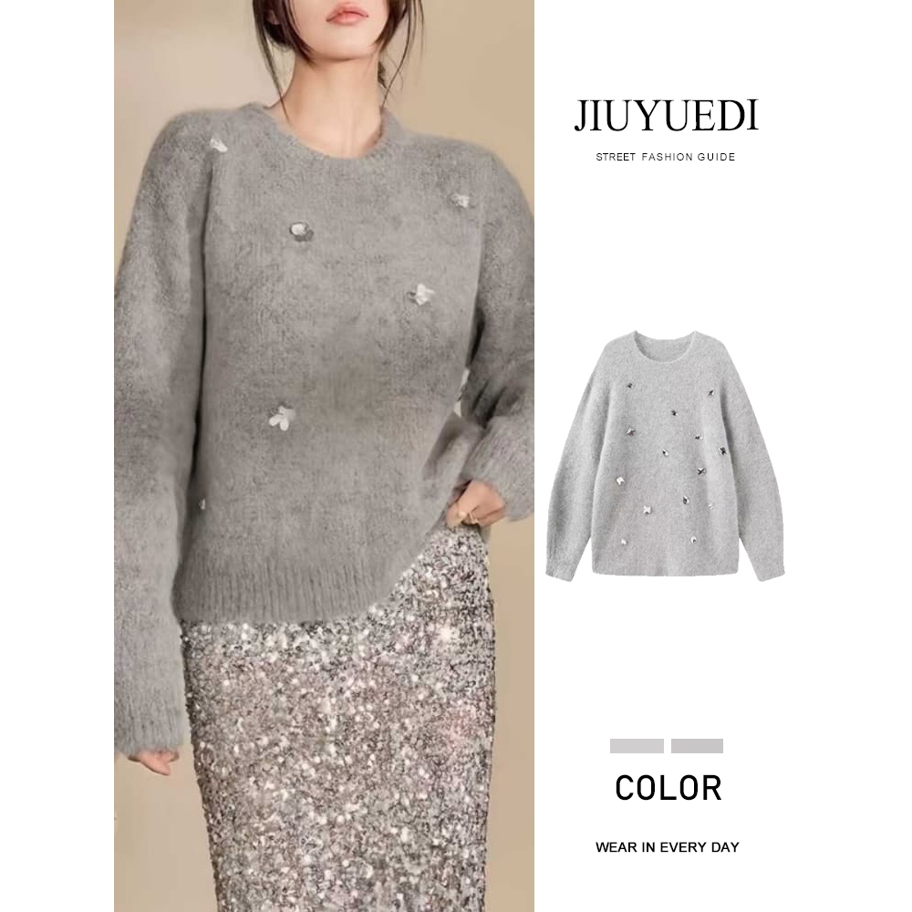 JIUYUEDI九月底小香风灰色镶钻长袖毛衣女秋季软糯宽松针织衫上衣