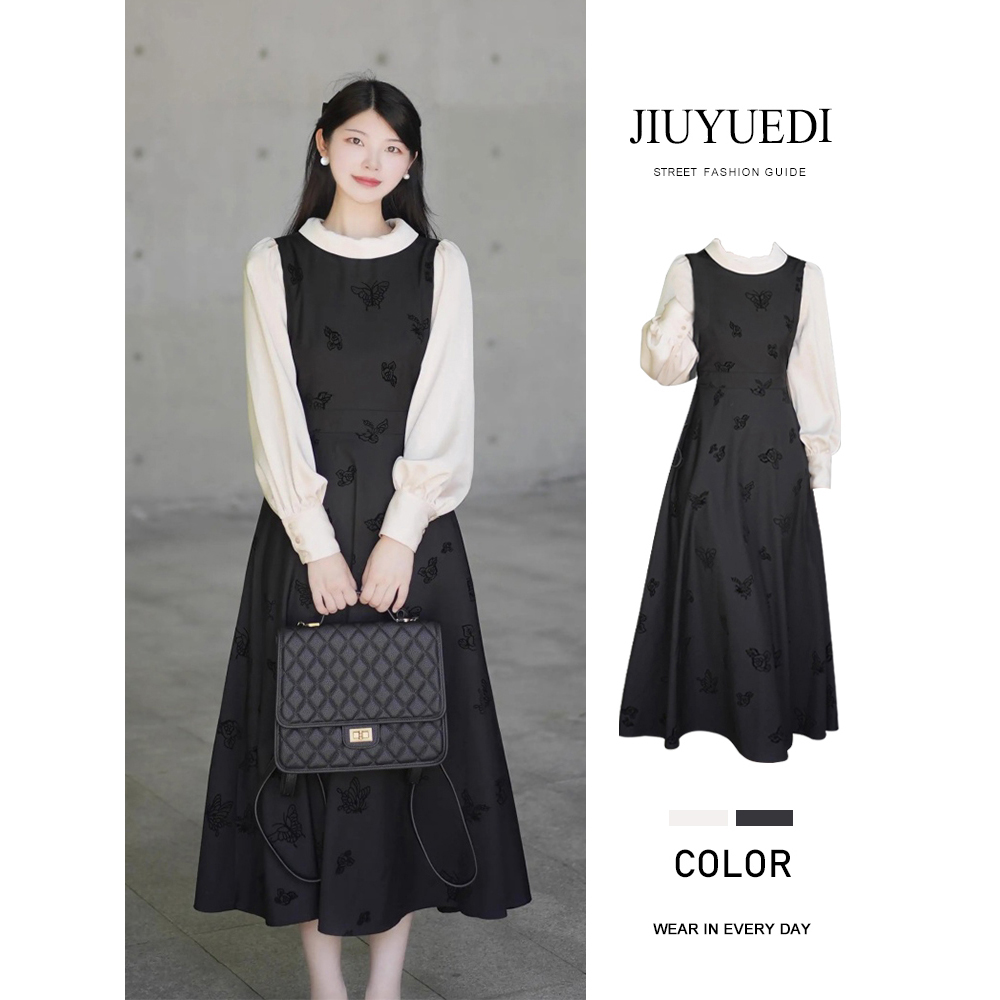 JIUYUEDI九月底法式复古假两件连衣裙女秋季优雅气质显瘦收腰长裙