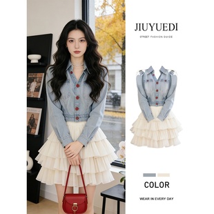 JIUYUEDI九月底韩系千金风牛仔上衣蛋糕裙女春秋减龄显瘦两件套