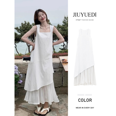JIUYUEDI九月底法式白色不规则下摆网纱拼接无袖背心连衣裙高级感