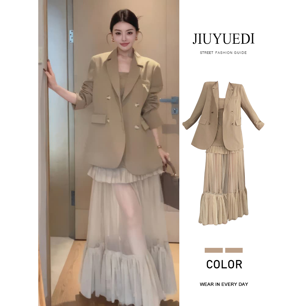 JIUYUEDI九月底韩系网纱拼接设计吊带连衣裙西装外套秋季新款套装