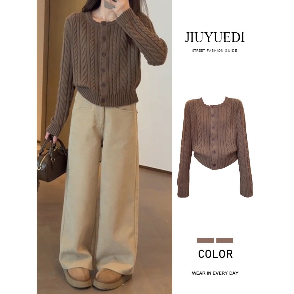 JIUYUEDI九月底复古咖色麻花纹针织开衫女短款显瘦圆领扣子毛衣