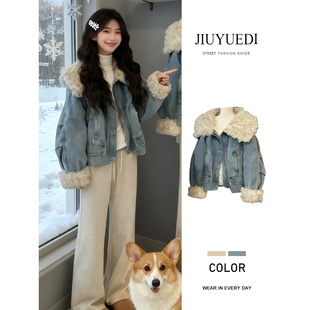 JIUYUEDI九月底韩系大毛领牛仔棉服女冬季宽松加厚保暖棉袄外套