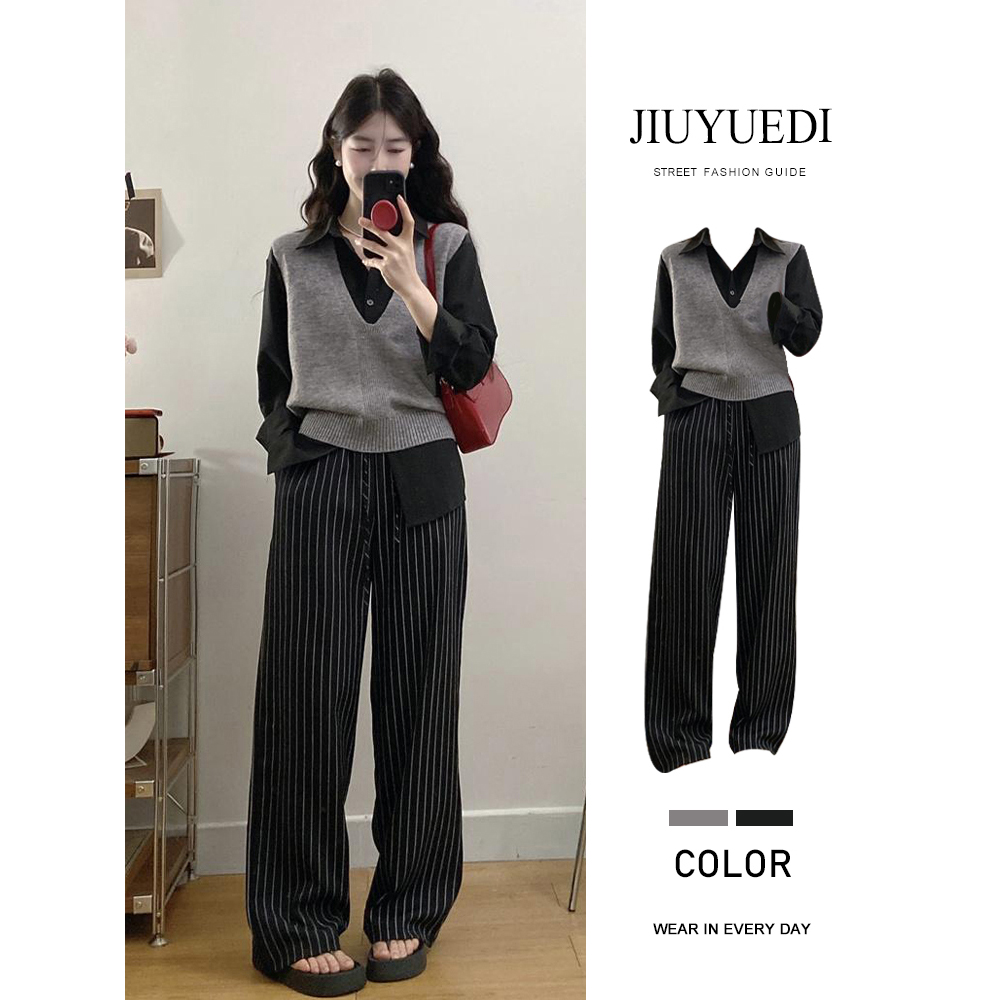 高智感灰色针织马甲黑衬衫条纹裤