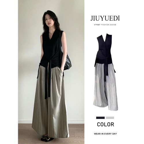 JIUYUEDI九月底【现货】老钱风黑色无袖针织背心条纹休闲裤高级