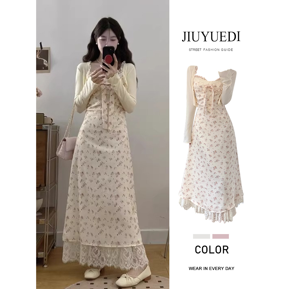 碎花吊带连衣裙蕾丝拼接显瘦开衫