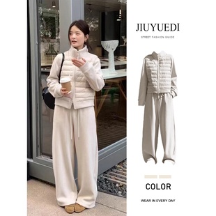 女秋冬运动套装 JIUYUEDI九月底韩式 拼接拉链棉服外套抽绳休闲长裤