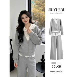 减龄休闲两件套 女秋季 JIUYUEDI九月底韩式 蕾丝拼接连帽卫衣休闲裤