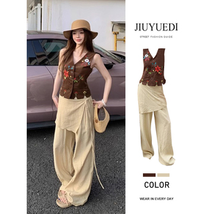 JIUYUEDI九月底民族风棕色v领绣花马甲背心卡其休闲阔腿裤 设计感