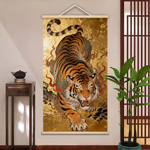 老虎国画猛虎下山玄关装饰画客厅办公室入户墙画壁画镇宅旺宅挂画