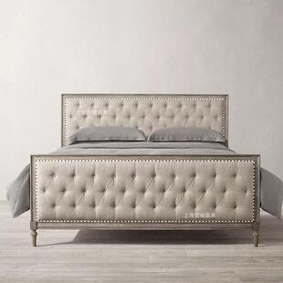 直销新款美式实木双人床1.8米法式乡村复古做旧橡木床婚床亚麻卧