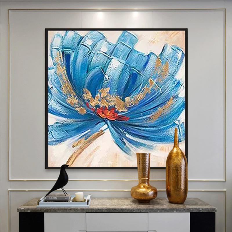 直销新款现代简约大气装饰画卧室床头手绘挂画客厅餐厅荷花新中式图片