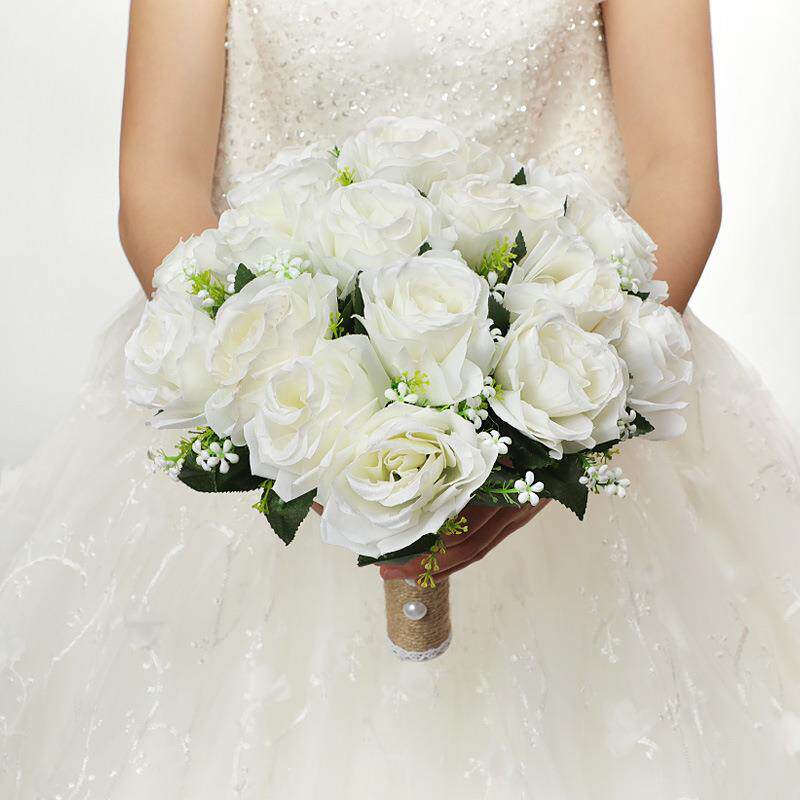 直销新款新娘婚礼手捧花森系白色玫瑰花束美式田园风麻绳手柄手捧