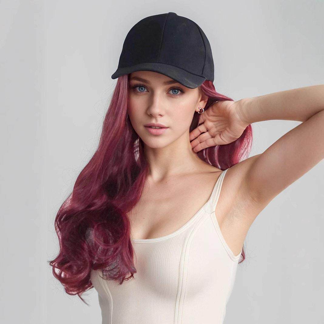 新款直销欧美女士款黑鸭舌帽大波浪酒红色棒球帽假发卷发一体式日