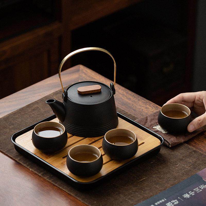 新款直销禅风黑陶旅行茶具便携式日式提梁壶四杯带茶盘泡茶小套装