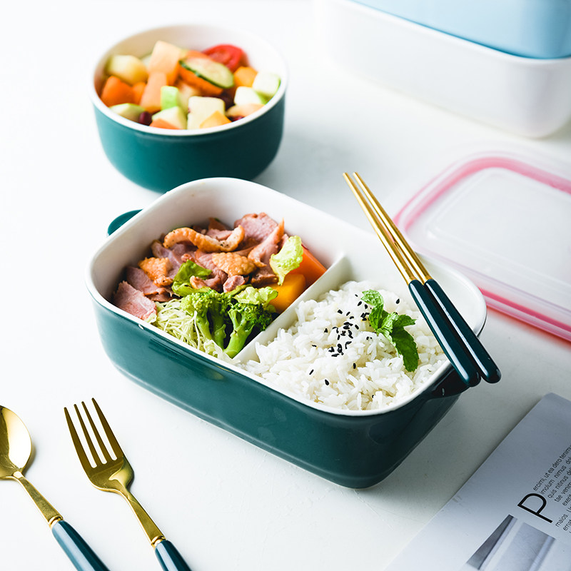 方形陶瓷二格饭盒可微波加热分格便当盒食堂打包上班族专用餐盒