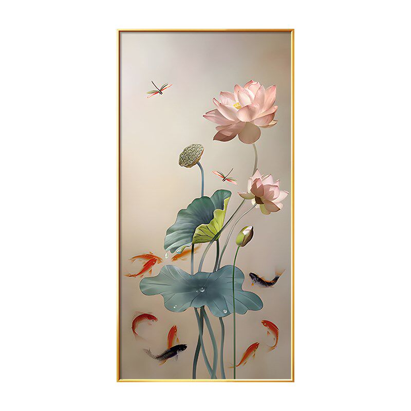 荷花九鱼图玄关装饰画手绘油画竖版新中式入户正对门走廊玄关挂画