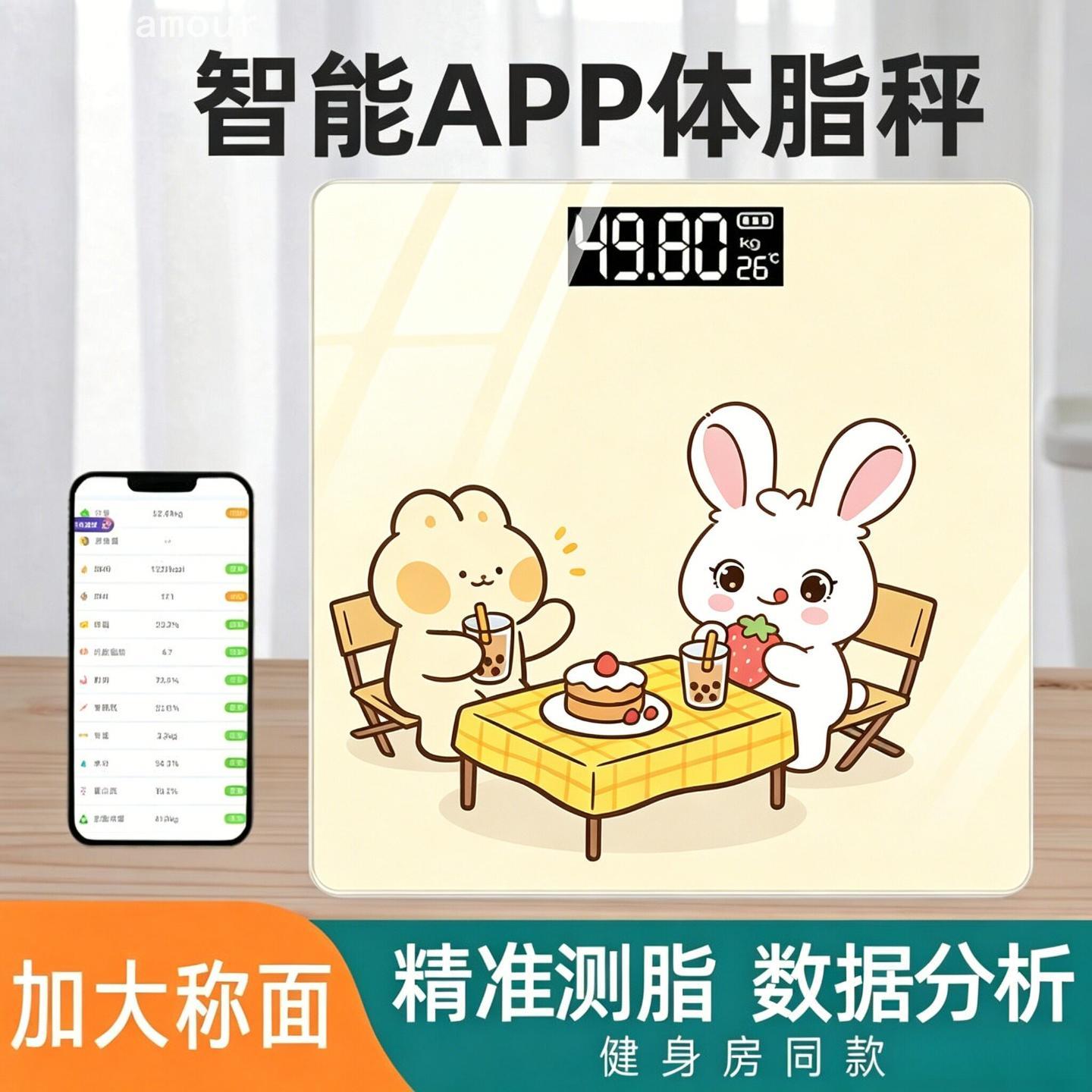 2026 新款原创卡通蓝牙体脂秤高精准家用宿舍女生减肥健康专用1年