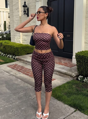2026欧美春季新款女装性感波点印花无袖抹胸小背心修身低腰七分裤