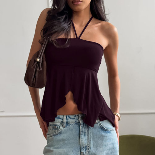 欧美设计感挂脖系带抹胸小背心女外穿性感辣妹风时尚修身开叉上衣