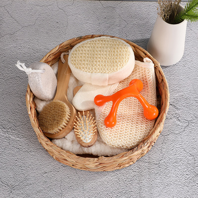 洗澡剑麻手套四角按摩器七件套 搓澡沐浴搓背短柄软毛刷沐浴套装