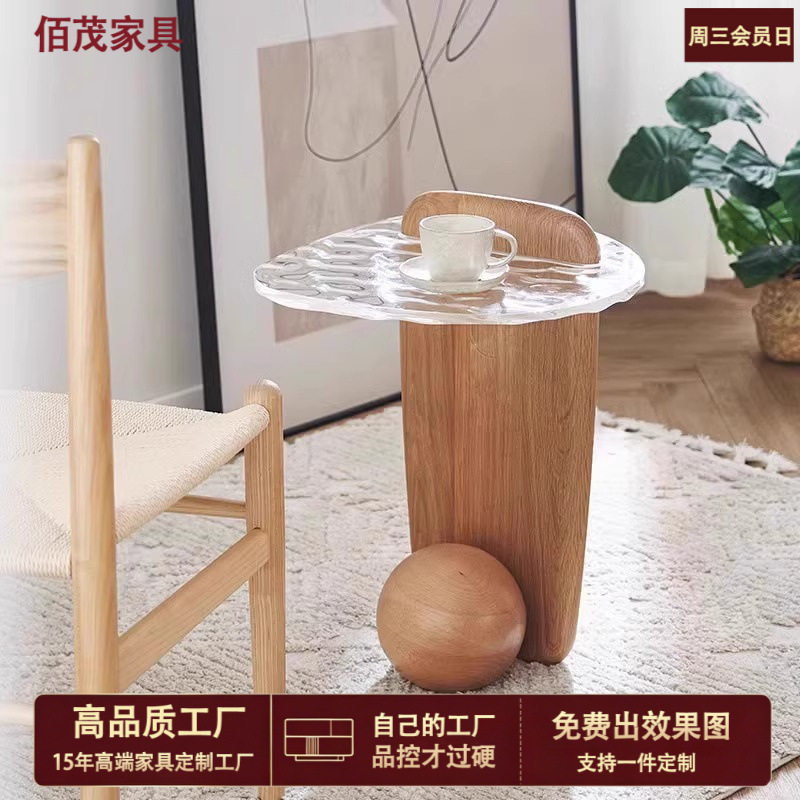 北欧风客厅边几现代简约沙发边实木角几高档中古水波纹玻璃小茶几
