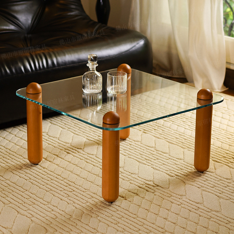 复古实木茶几桌客厅家用方形钢化玻璃设计感小桌子简约现代小户型