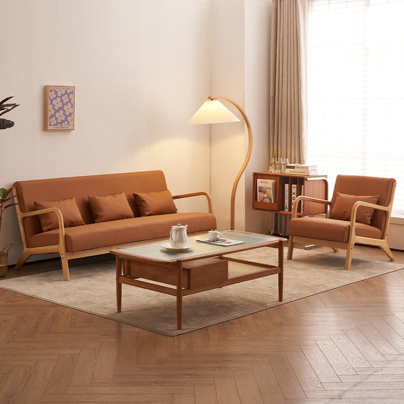 实木沙发小户型客厅简约现代日式原木风茶楼会客室皮艺双三人沙发