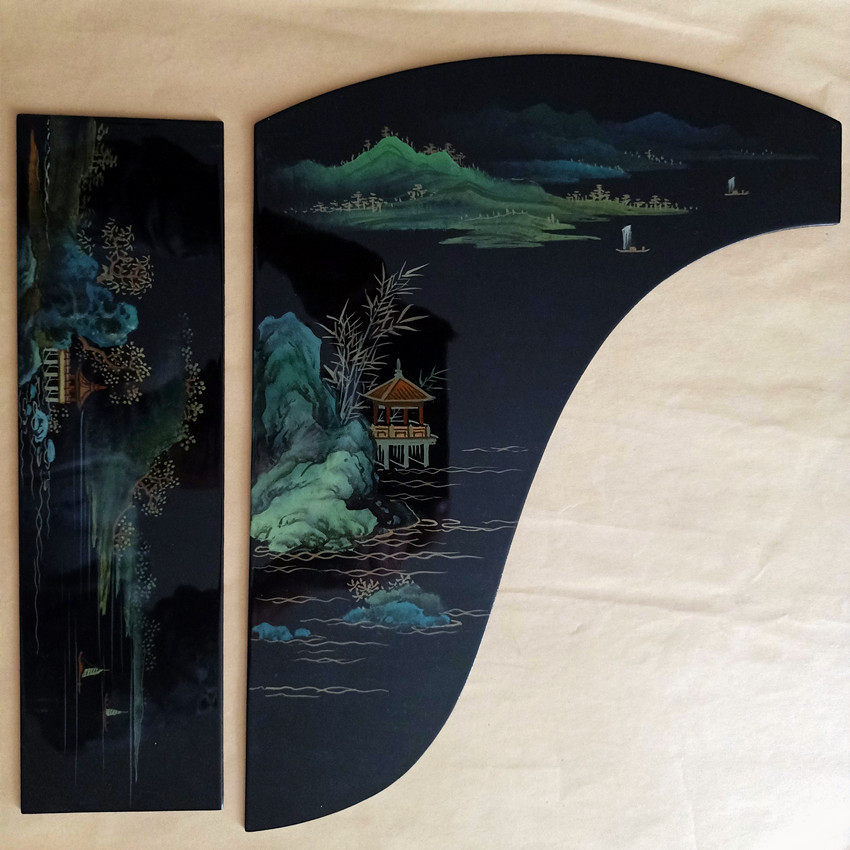手工彩绘国风漆画古筝配件花板描金彩绘装饰画木质标准复古漆画板