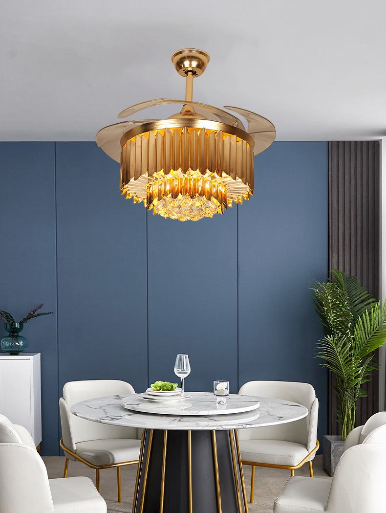 北欧隐形风扇水晶吊灯豪华简约现代客厅吊扇灯家用卧室灯具