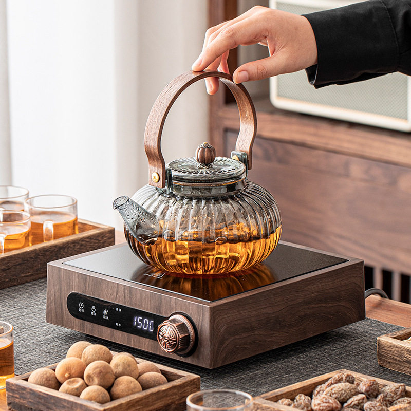 恒温玻璃煮茶器胡桃木电陶炉定时保温茶壶家用静音小型烧水壶套装