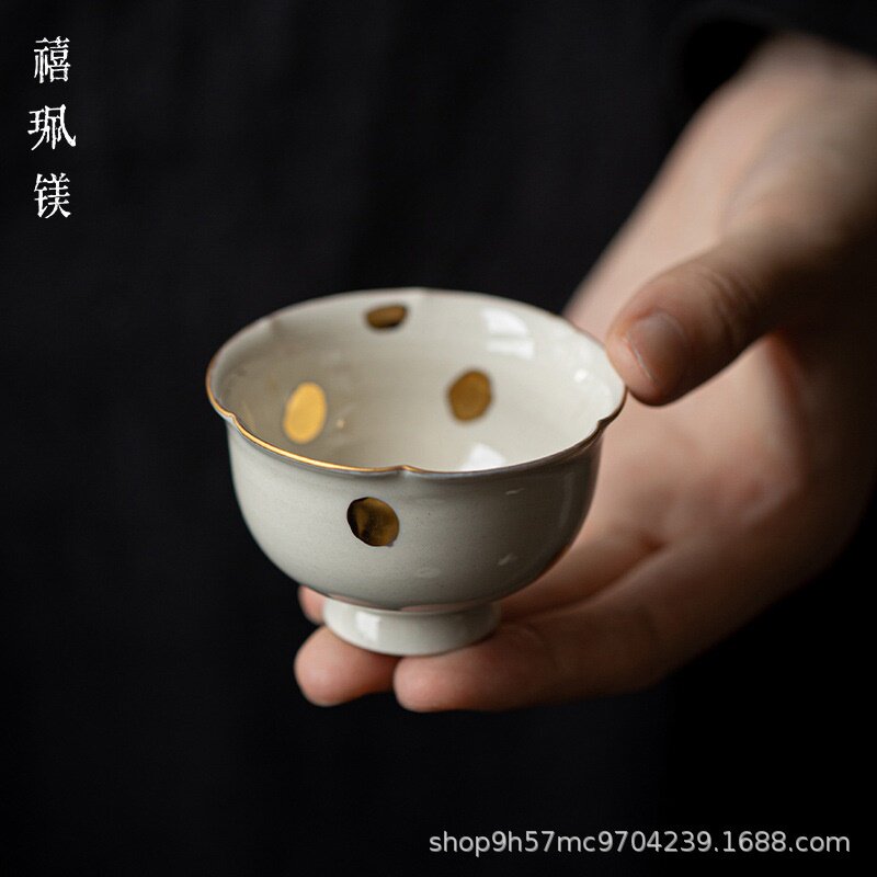 禧珮镁主人杯草木灰洒金花边品茗杯家用日式个人专用陶瓷单杯喝茶