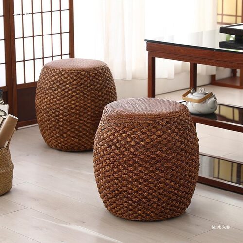 中式藤蔓实木草编化妆矮鼓凳家用客厅茶几换鞋坐墩古筝琴板高凳子