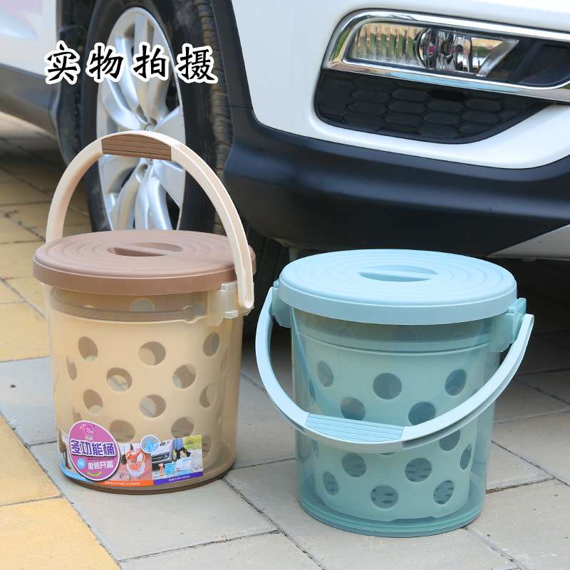 双层洗衣水桶沥水沥干洗澡塑料加厚可坐浴室手提收纳桶带盖钓鱼桶