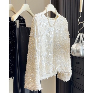 感韩版重工亮片圆领小衫女春秋冬季2025新款名媛气质长袖上衣