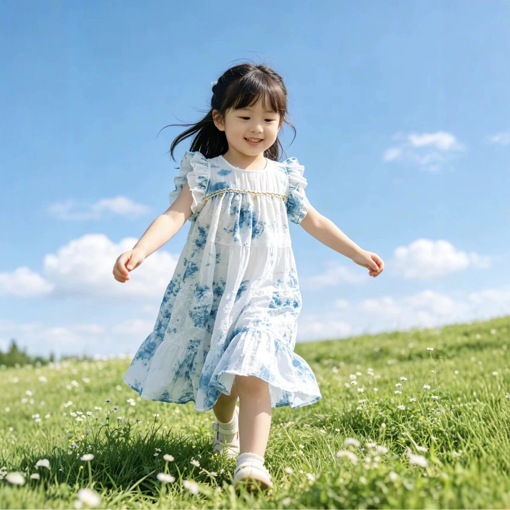 蓝白扎染连衣裙女童飞飞袖娃娃裙中小童宽松碎花公主裙女童连衣裙