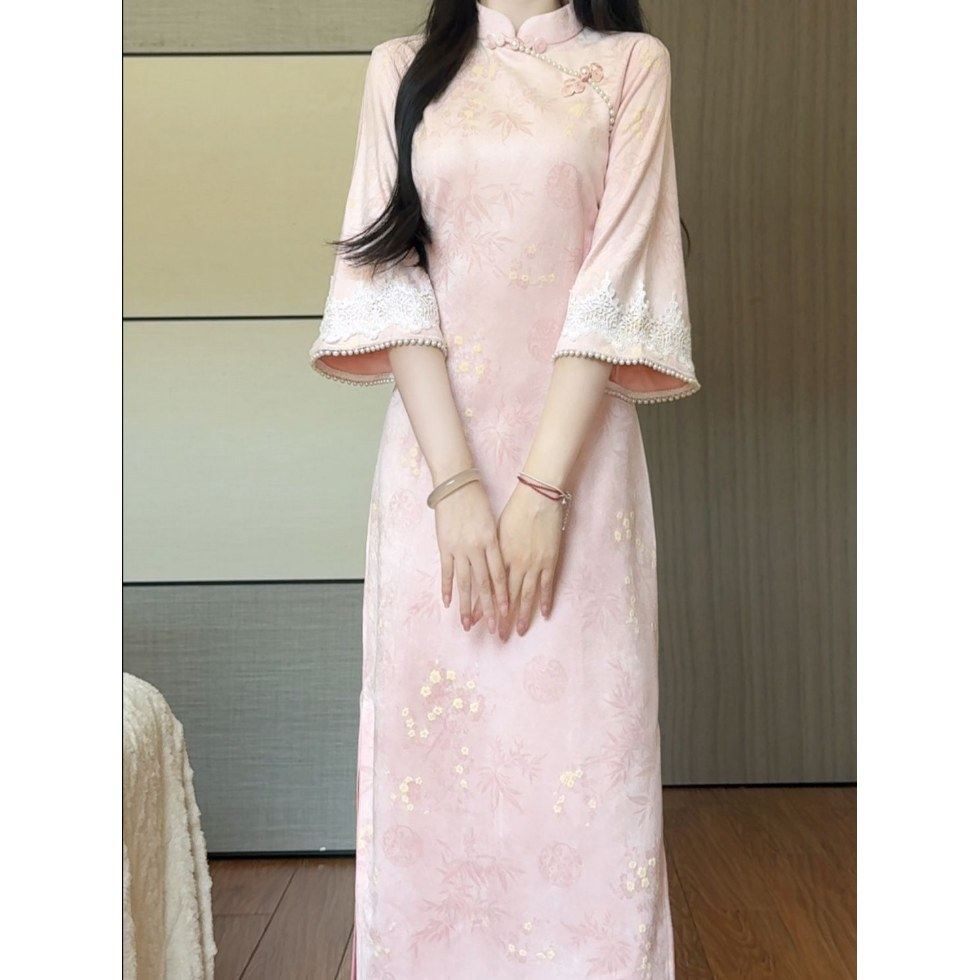 抹茶2025年秋季新款粉色改良新中式倒大袖旗袍女年轻款日常连衣裙,女装/女士精品,旗袍,淘宝优惠券,粉丝福利购,淘宝优惠卷