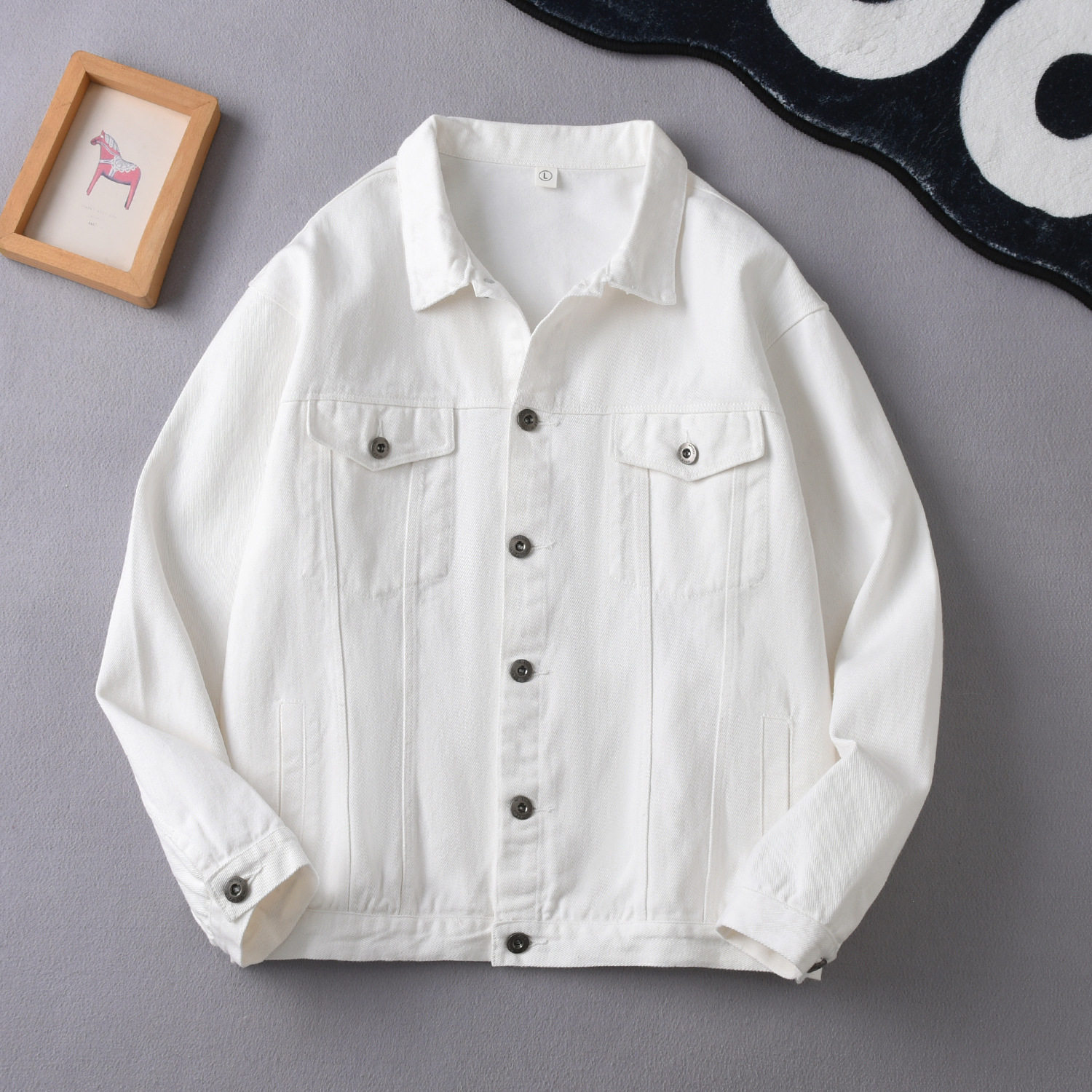 感白色牛仔外套女春秋季复古宽松短款上衣潮流休闲工装夹克男