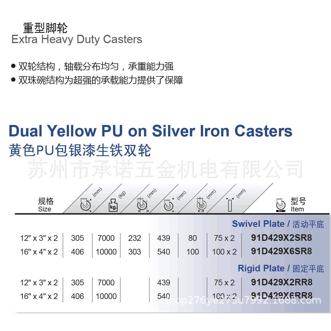 重型双轮铁芯包黄色聚氨酯轮载重7吨10吨PU轮脚轮