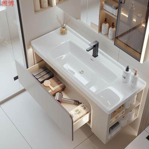 轻奢现代简约家浴室柜酒店实389木陶瓷一体盆奶油用风漱洗台智能