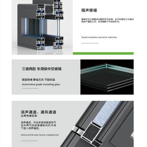 0型街8道通风隔音门窗夹YX-60双断桥铝系统胶隔声窗外平开开静音