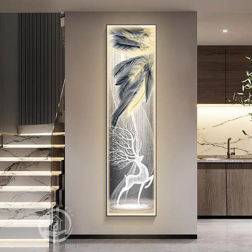 福鹿竖版灯画轻奢玄关装饰画入户正对门现代高档走廊过道长条挂画