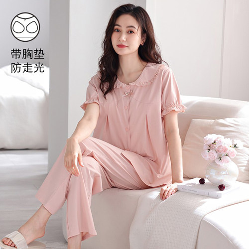 夏季纯棉带胸垫可外穿女睡衣套装