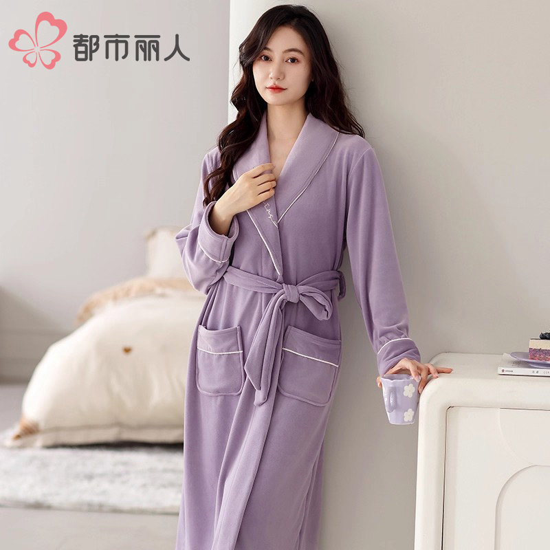都市丽人冬季加绒加厚珊瑚绒睡袍