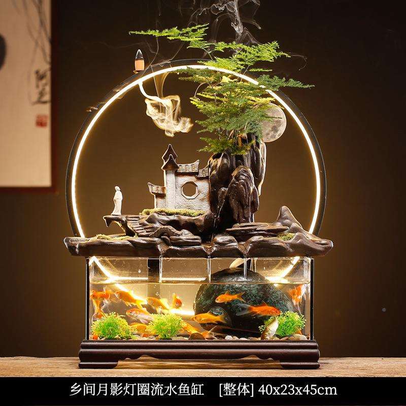 中式创意循环流水喷玄泉缸鱼陶瓷公家居装饰品客厅关办室摆HHY件