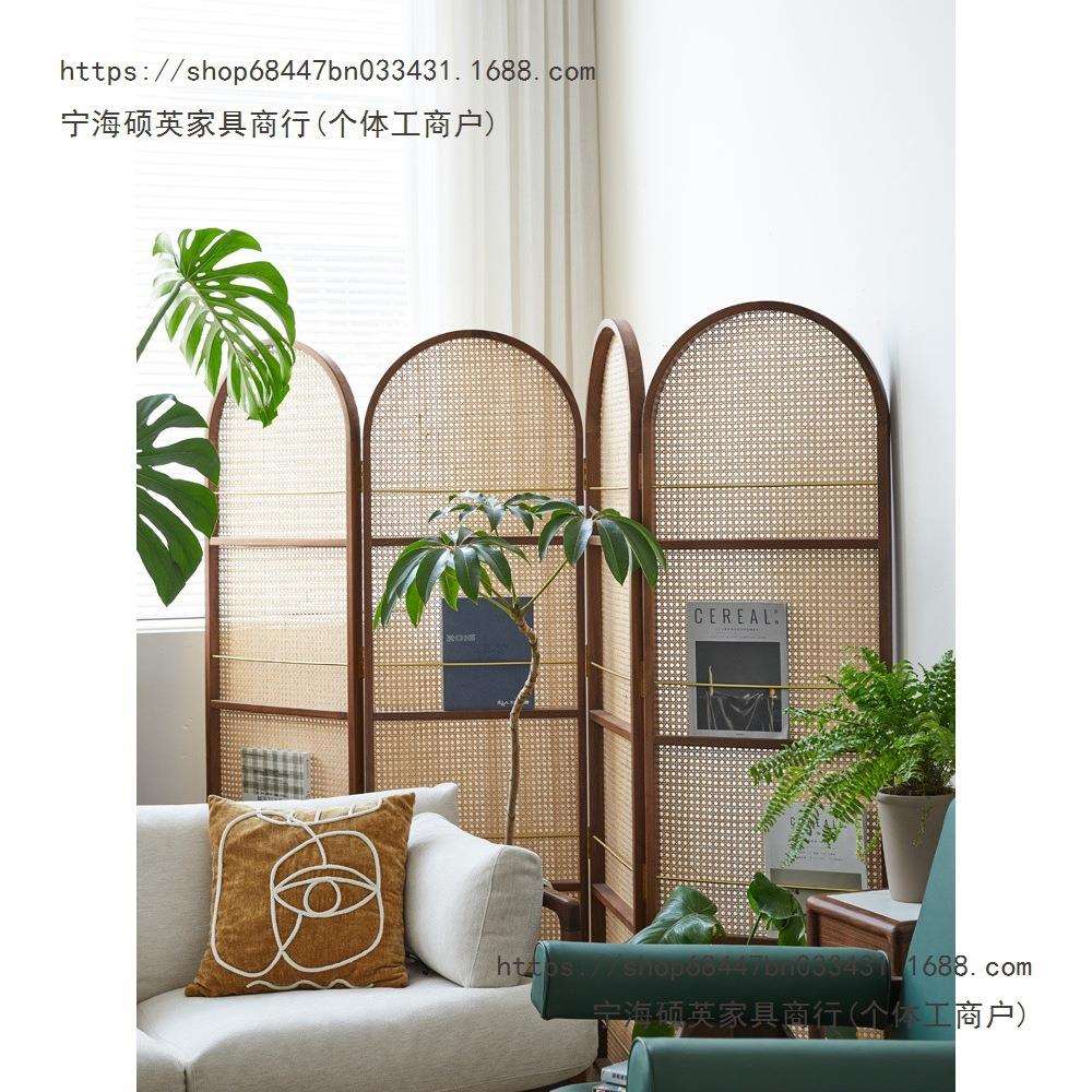 中对复古实折木1藤编藤叠屏编风客厅卧室玄关入户正门法式隔断置