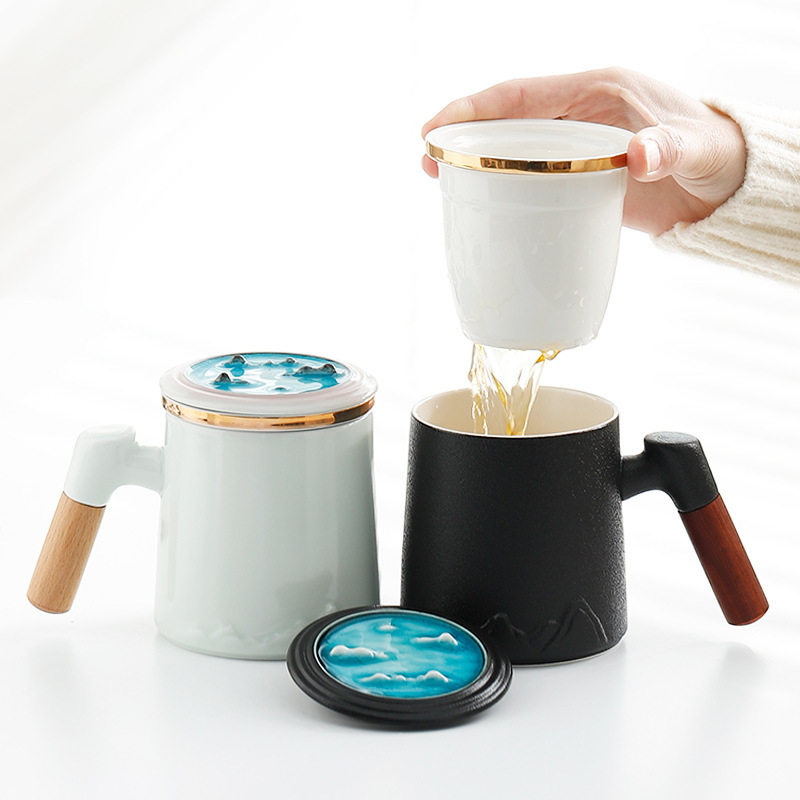 茶杯陶瓷带盖茶水分离茶道杯黑陶泡茶杯个人专用高档水杯雕刻logo