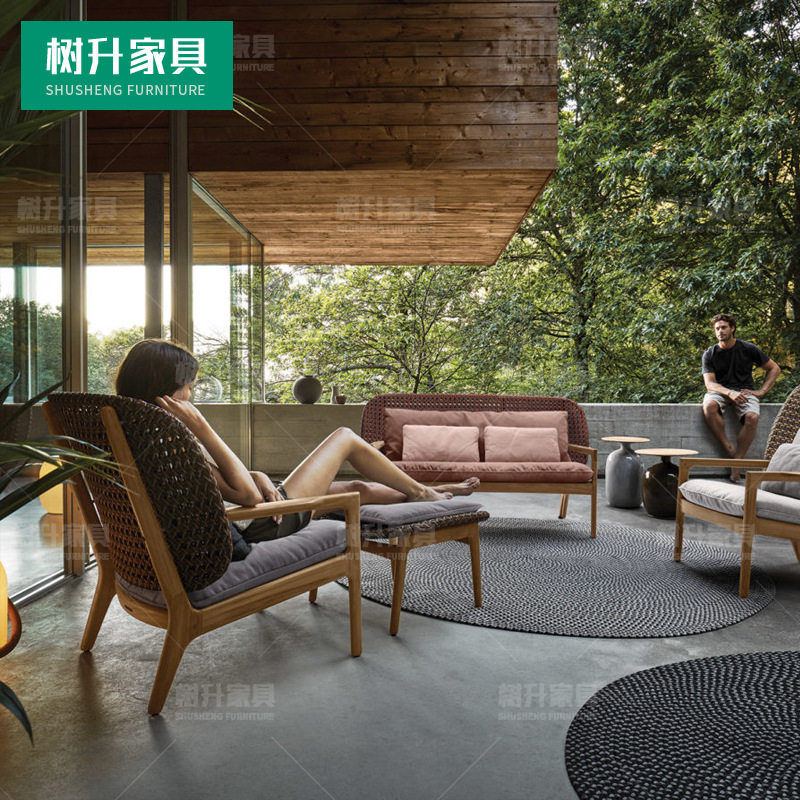 户外柚木藤编摇椅沙发茶几组合